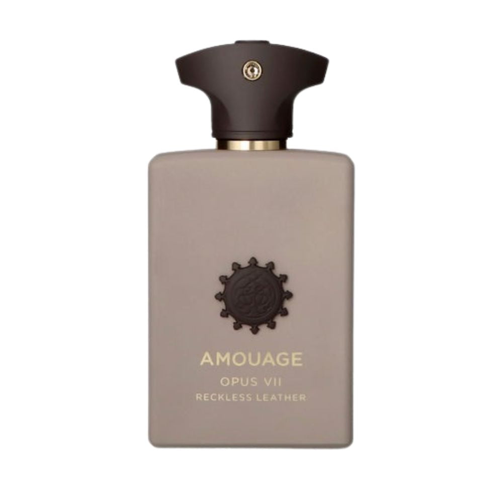 Amouage Opus VII Reckless Leather Eau de Parfum – niche perfume in taupe bottle with dark brown cap