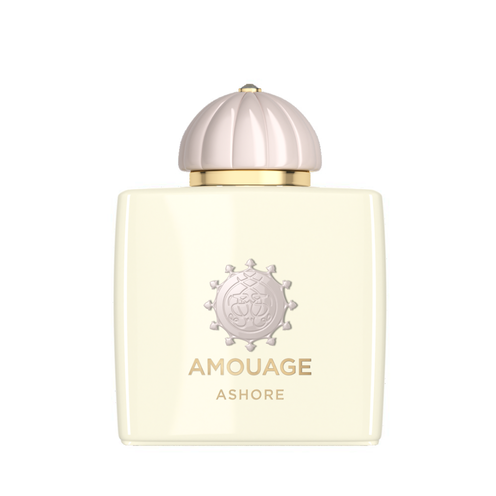Amouage Ashore Woman Eau de Parfum – luxury women’s fragrance in ivory white square bottle with soft pink dome cap and emblem
