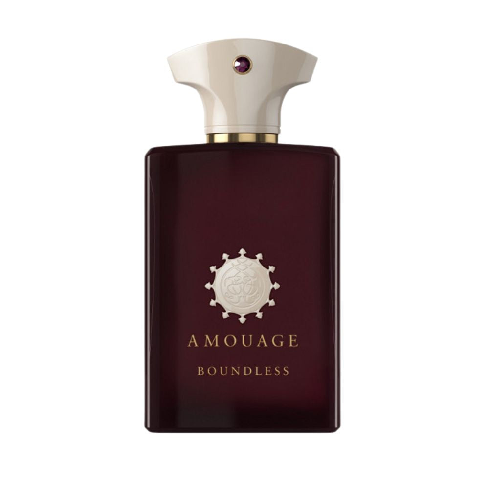 Amouage Boundless Man Eau de Parfum – luxury men’s fragrance in dark burgundy glass bottle with ivory cap and white emblem