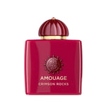 Amouage Crimson Rocks Eau de Parfum – luxury fragrance in bold crimson red square bottle with matching dome cap and gold detailing
