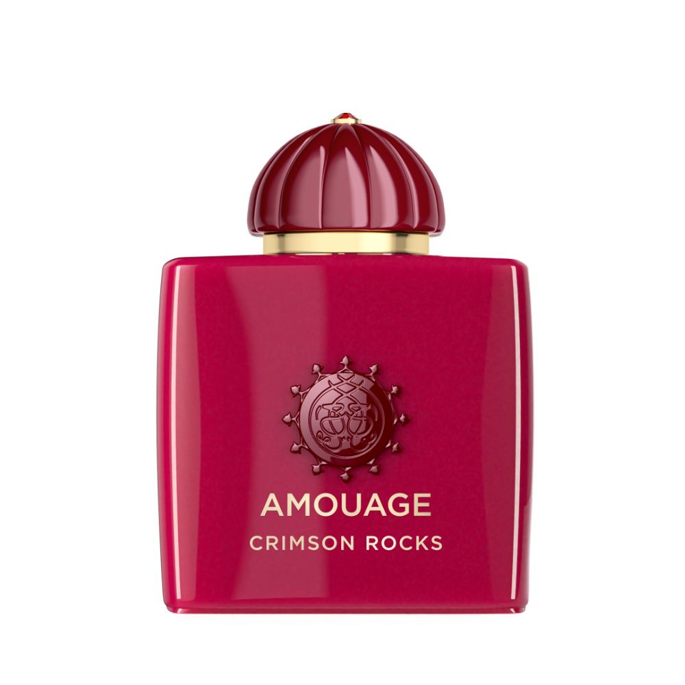 Amouage Crimson Rocks Eau de Parfum – luxury fragrance in bold crimson red square bottle with matching dome cap and gold detailing