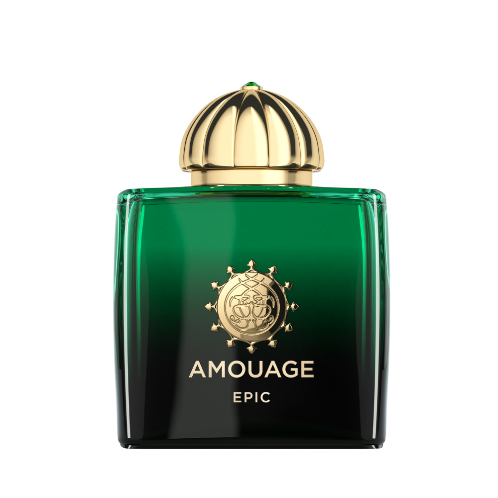Amouage Epic Woman Eau de Parfum – luxury women’s fragrance in emerald green square bottle with golden dome cap and emblem