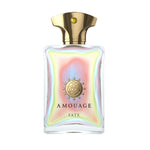 Amouage Fate Man Eau de Parfum – luxury men’s fragrance in iridescent glass bottle with gold cap, rainbow effect design, and emblem