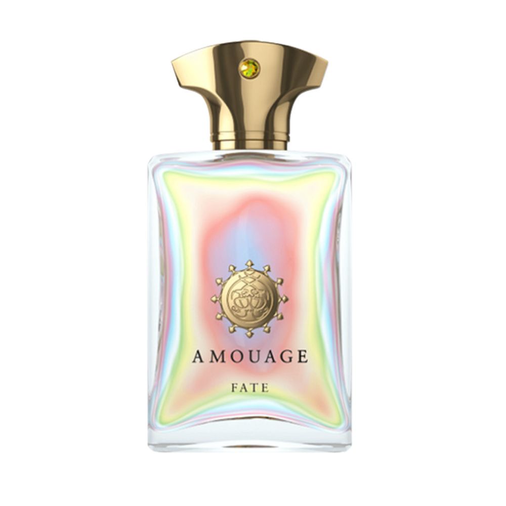 Amouage Fate Man Eau de Parfum – luxury men’s fragrance in iridescent glass bottle with gold cap, rainbow effect design, and emblem
