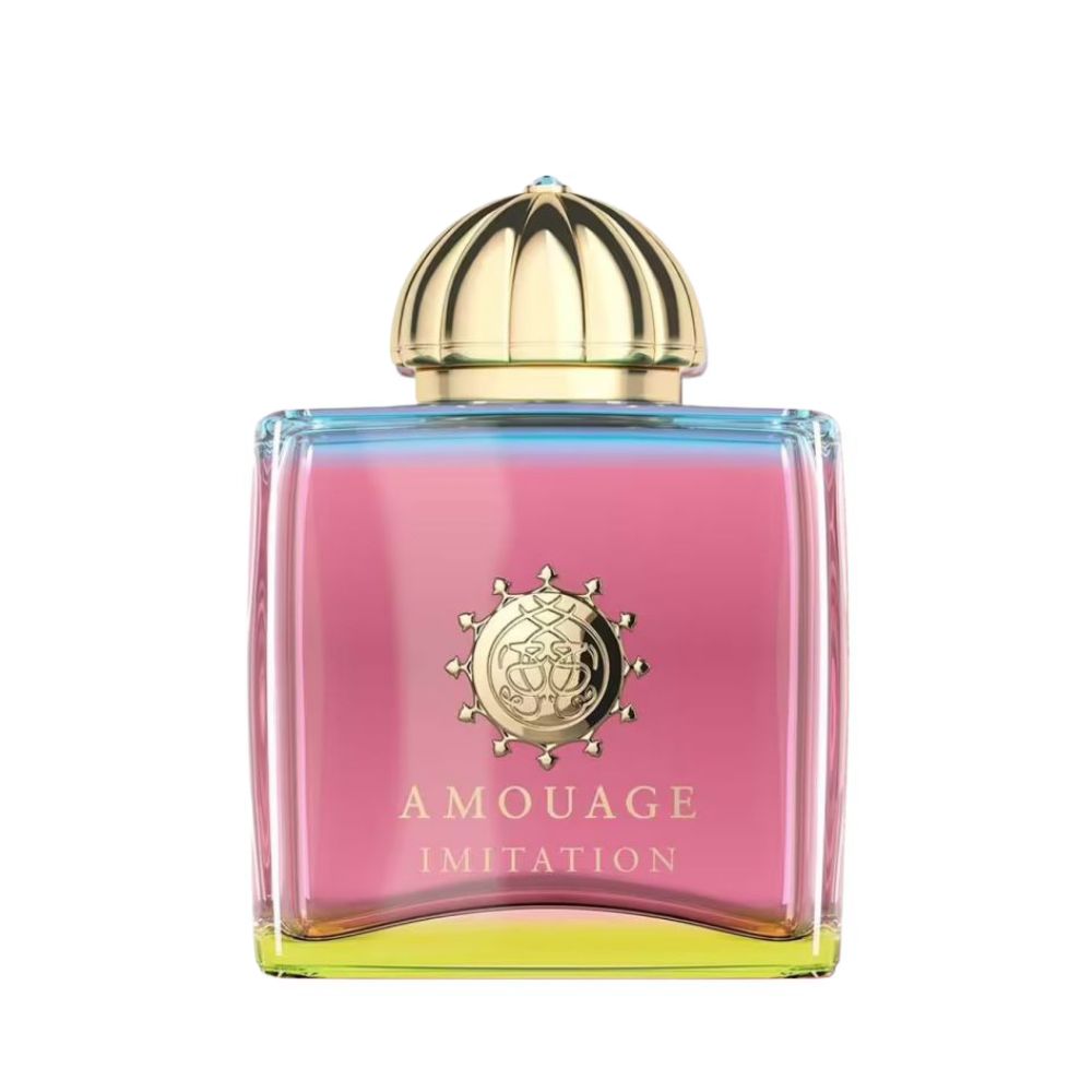 Amouage Imitation Woman Eau de Parfum – luxury women’s fragrance in multicolored pink, blue, and yellow square bottle with golden dome cap and emblem