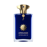 Amouage Interlude 53 Man Extrait de Parfum – luxury men’s fragrance in deep blue glass bottle with gold cap, emblem, and crown medallion