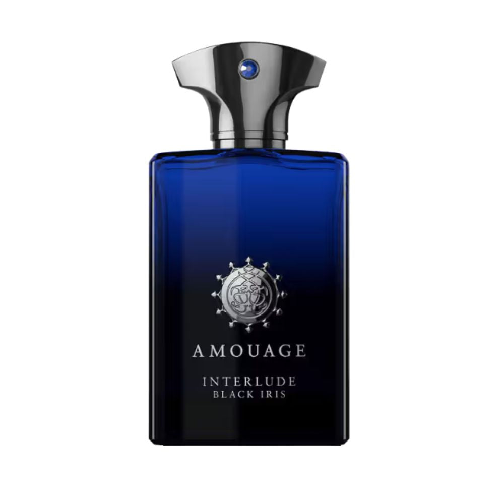 Amouage Interlude Black Iris Man Eau de Parfum – luxury men’s fragrance in dark blue bottle with silver cap