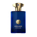 Amouage Interlude Man Eau de Parfum – luxury men’s fragrance in deep blue rectangular glass bottle with gold cap and emblem