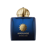 Amouage Interlude Woman Eau de Parfum – luxury women’s fragrance in deep blue square bottle with golden dome cap and emblem