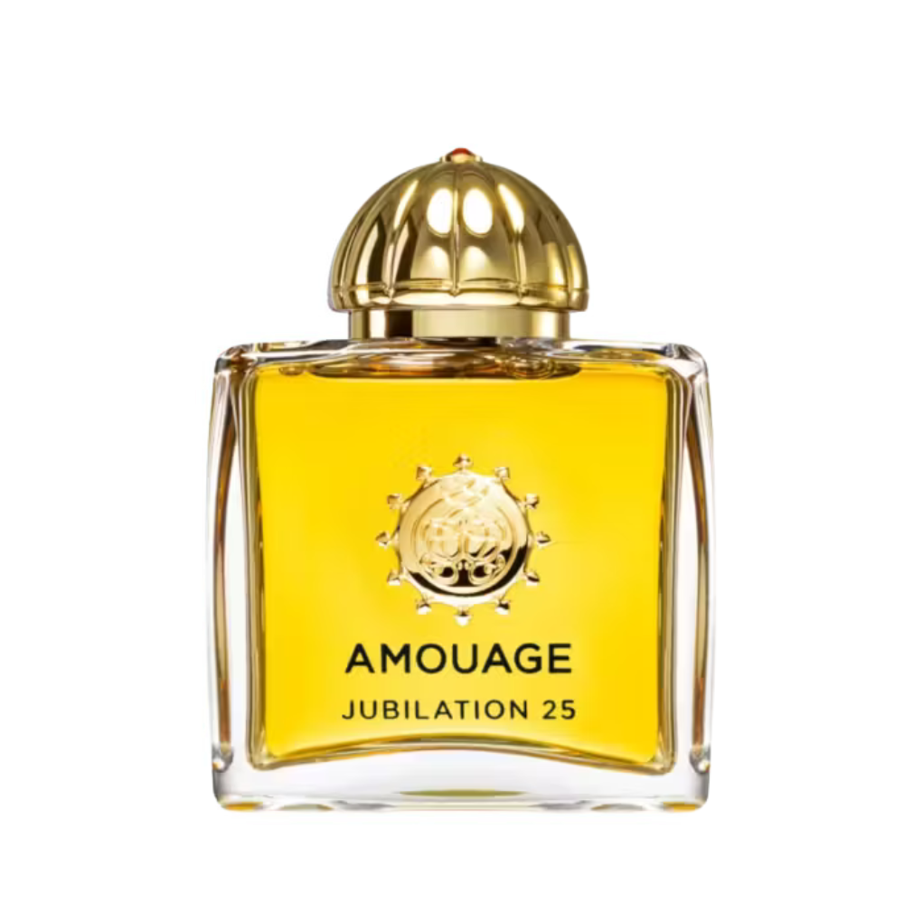 Amouage Jubilation 25 Woman Eau de Parfum – limited edition luxury women’s fragrance in clear glass bottle with golden dome cap and emblem