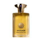 Amouage Jubilation XXV Man Eau de Parfum – luxury men’s fragrance in golden glass bottle with gold cap and emblem design
