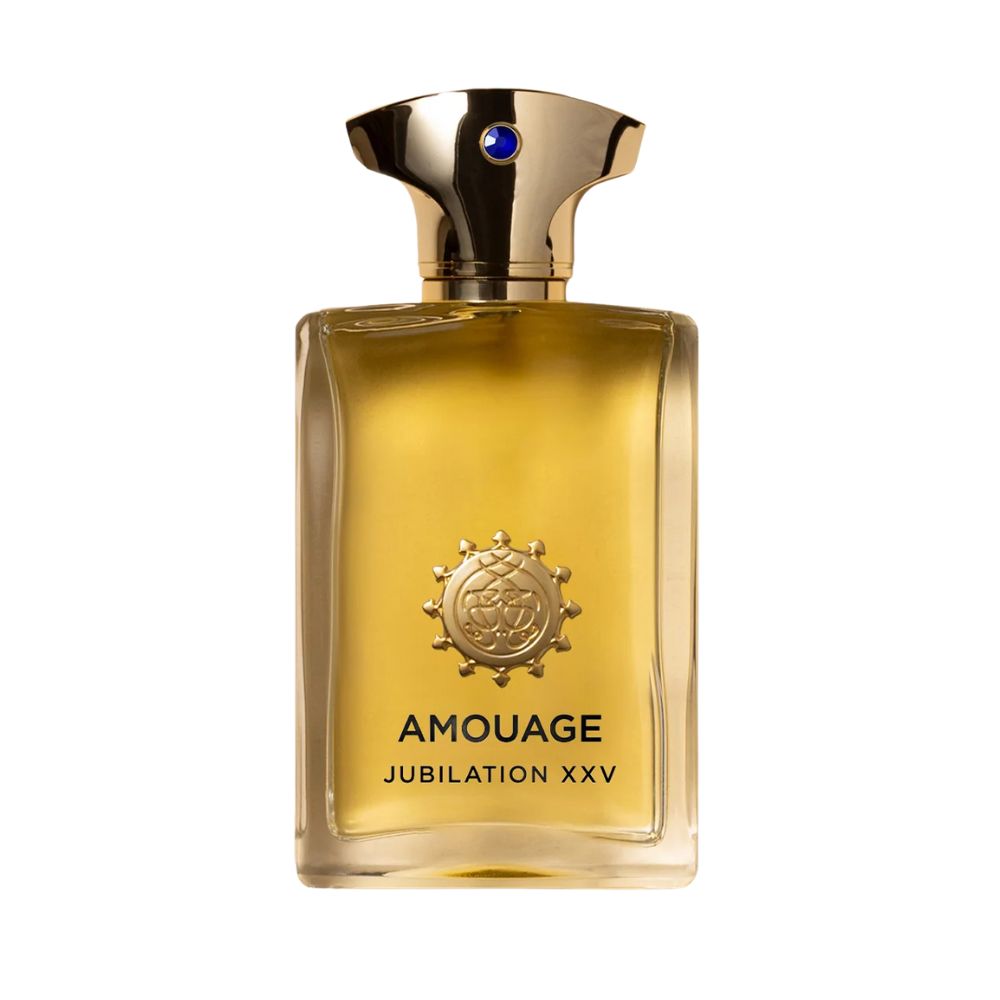Amouage Jubilation XXV Man Eau de Parfum – luxury men’s fragrance in golden glass bottle with gold cap and emblem design