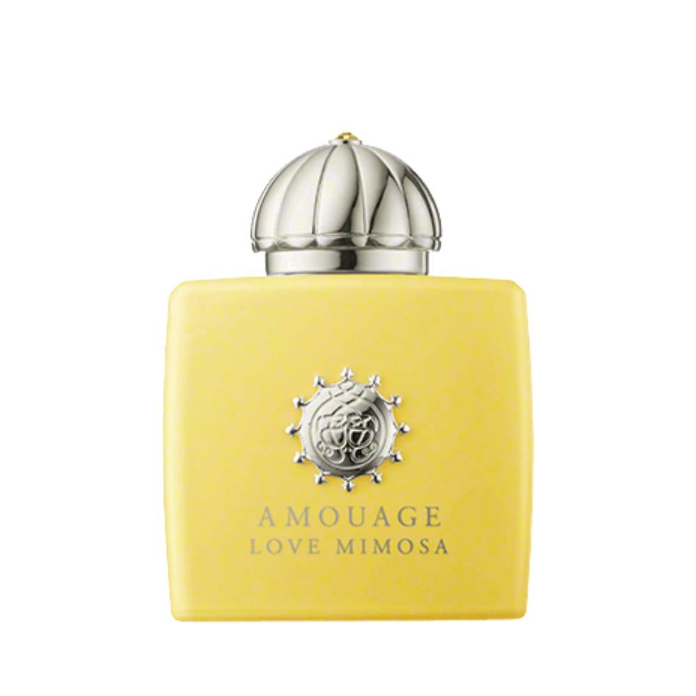 Amouage Love Mimosa Eau de Parfum – luxury women’s fragrance in bright yellow square bottle with silver dome cap