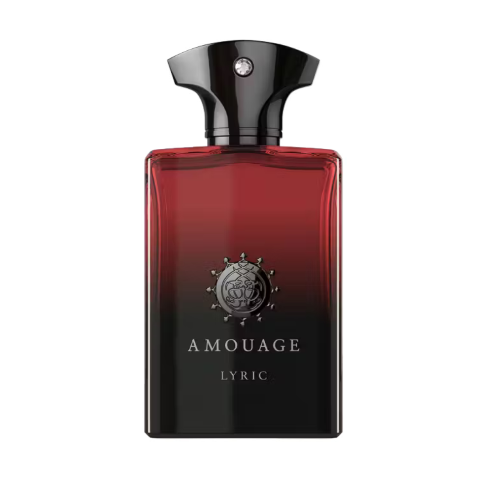 Amouage Lyric Man Eau de Parfum – luxury men’s fragrance in gradient red-to-black rectangular bottle with black cap and silver emblem