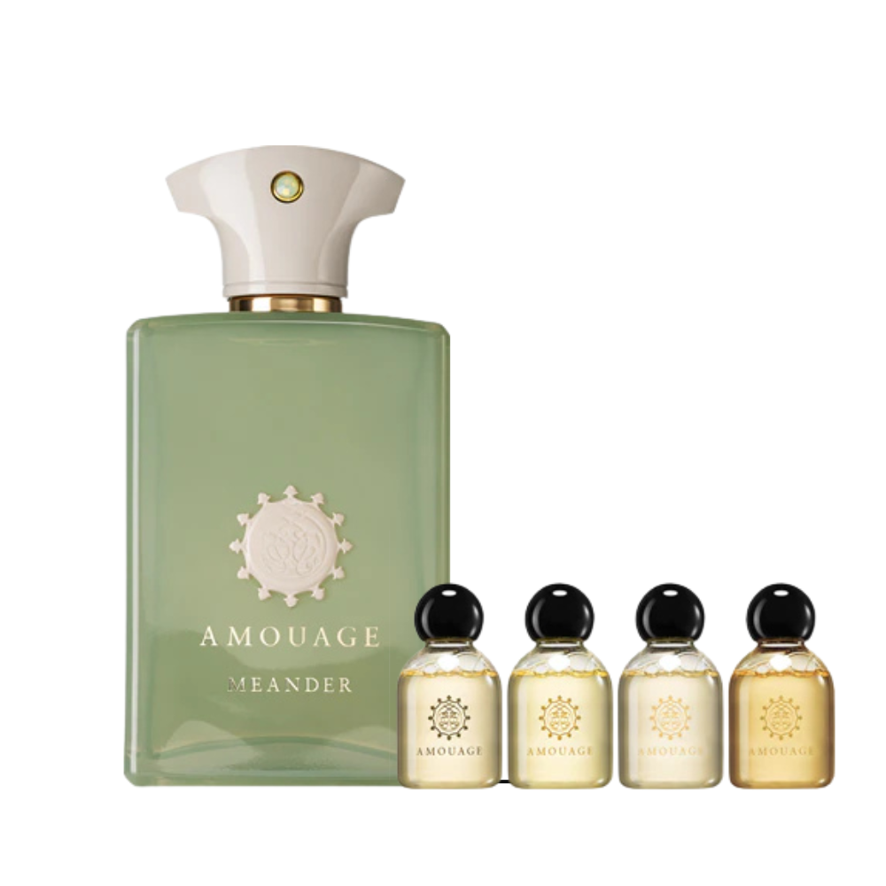 Amouage Meander Man Gift Set – luxury fragrance collection with full-size green bottle and mini perfumes presented in decorative gift box