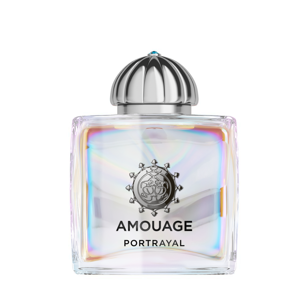 Amouage Portrayal Woman Eau de Parfum – luxury women’s fragrance in iridescent glass square bottle with silver dome cap and emblem