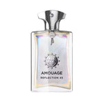 Amouage Reflection 45 Man Extrait de Parfum – luxury men’s fragrance in iridescent glass bottle with silver cap, emblem, and crown medallion