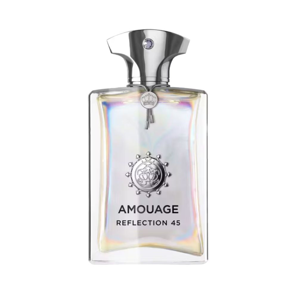 Amouage Reflection 45 Man Extrait de Parfum – luxury men’s fragrance in iridescent glass bottle with silver cap, emblem, and crown medallion