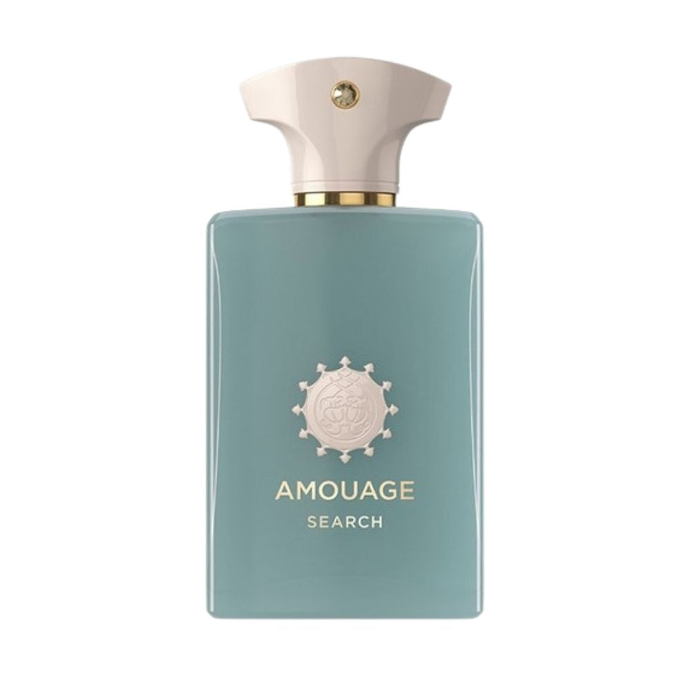 Amouage Search Eau de Parfum – luxury niche fragrance in sleek turquoise bottle with white cap for men and women