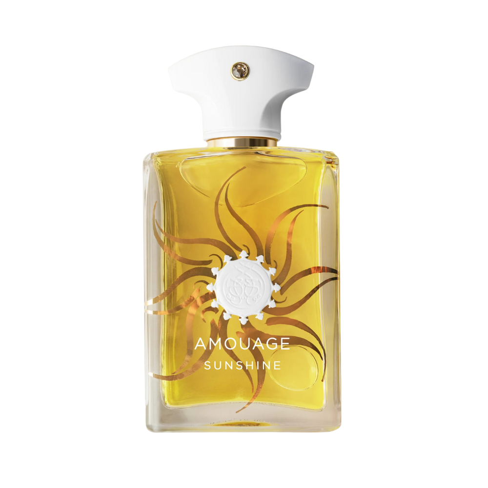 Amouage Sunshine Man Eau de Parfum – luxury men’s fragrance in golden yellow glass bottle with white cap and radiant sun design