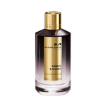 Mancera Amber & Roses Eau de Parfum – luxurious oriental floral fragrance blending warm amber and romantic rose notes, showcased in a sleek black-to-gold gradient 120ml bottle with a gold cap.