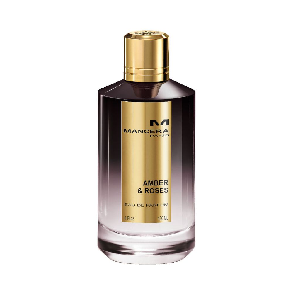 Mancera Amber & Roses Eau de Parfum – luxurious oriental floral fragrance blending warm amber and romantic rose notes, showcased in a sleek black-to-gold gradient 120ml bottle with a gold cap.