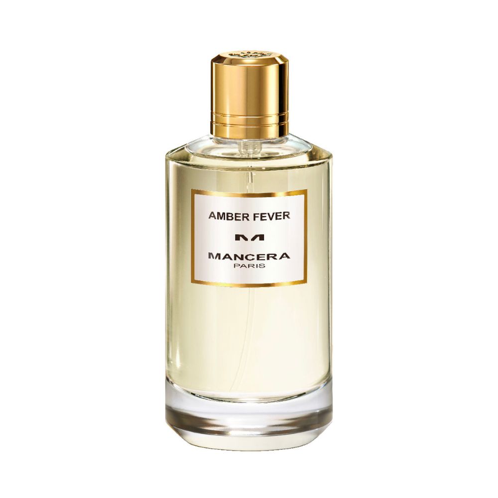 Mancera Amber Fever Eau de Parfum – warm and sensual amber fragrance with notes of tonka bean, caramel, and white musk, presented in a 120ml clear glass bottle with a gold cap and minimalist white label, symbolizing elegance and sophistication.