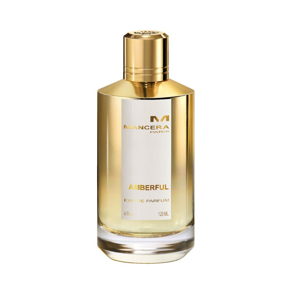 Mancera Amberful Eau de Parfum – a warm, luxurious amber fragrance enriched with woody and spicy undertones, housed in a 120ml gold-accented bottle with a sleek reflective finish and elegant golden cap, representing sophistication and depth.