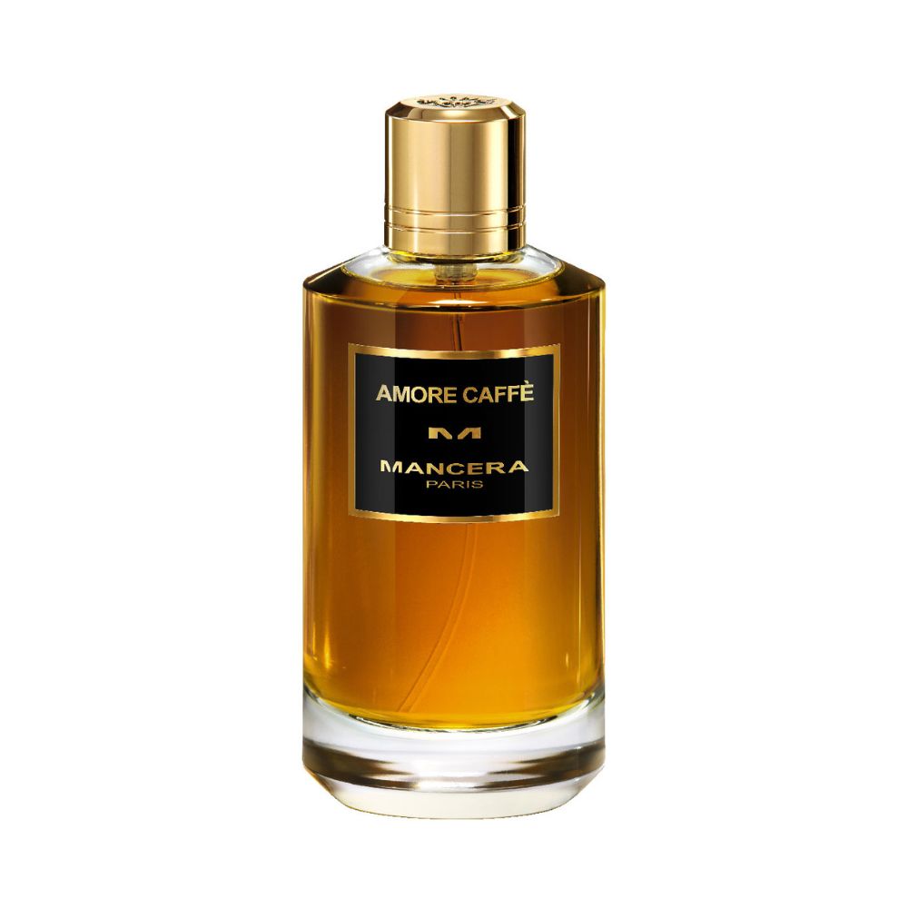 Mancera Amore Caffè Eau de Parfum – warm and sensual unisex fragrance with rich coffee, vanilla, and amber notes, housed in a 120ml golden amber glass bottle with a luxurious black and gold label.