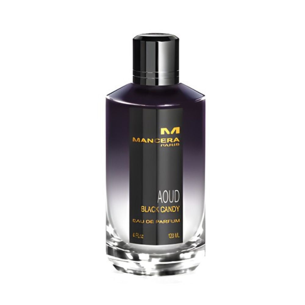Mancera Aoud Black Candy Eau de Parfum – bold unisex fragrance blending oud, licorice, and vanilla notes, presented in a 120ml gradient black and silver glass bottle with gold accents.
