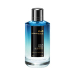 Mancera Aoud Blue Notes Eau de Parfum – elegant unisex fragrance blending oud, citrus, and floral accords, housed in a 120ml gradient blue glass bottle with black and gold label design.