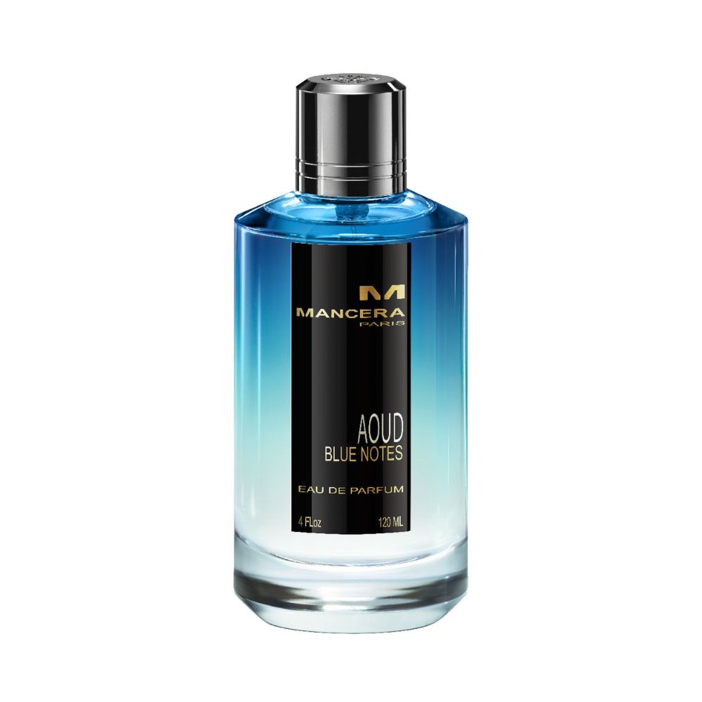 Mancera Aoud Blue Notes Eau de Parfum – elegant unisex fragrance blending oud, citrus, and floral accords, housed in a 120ml gradient blue glass bottle with black and gold label design.