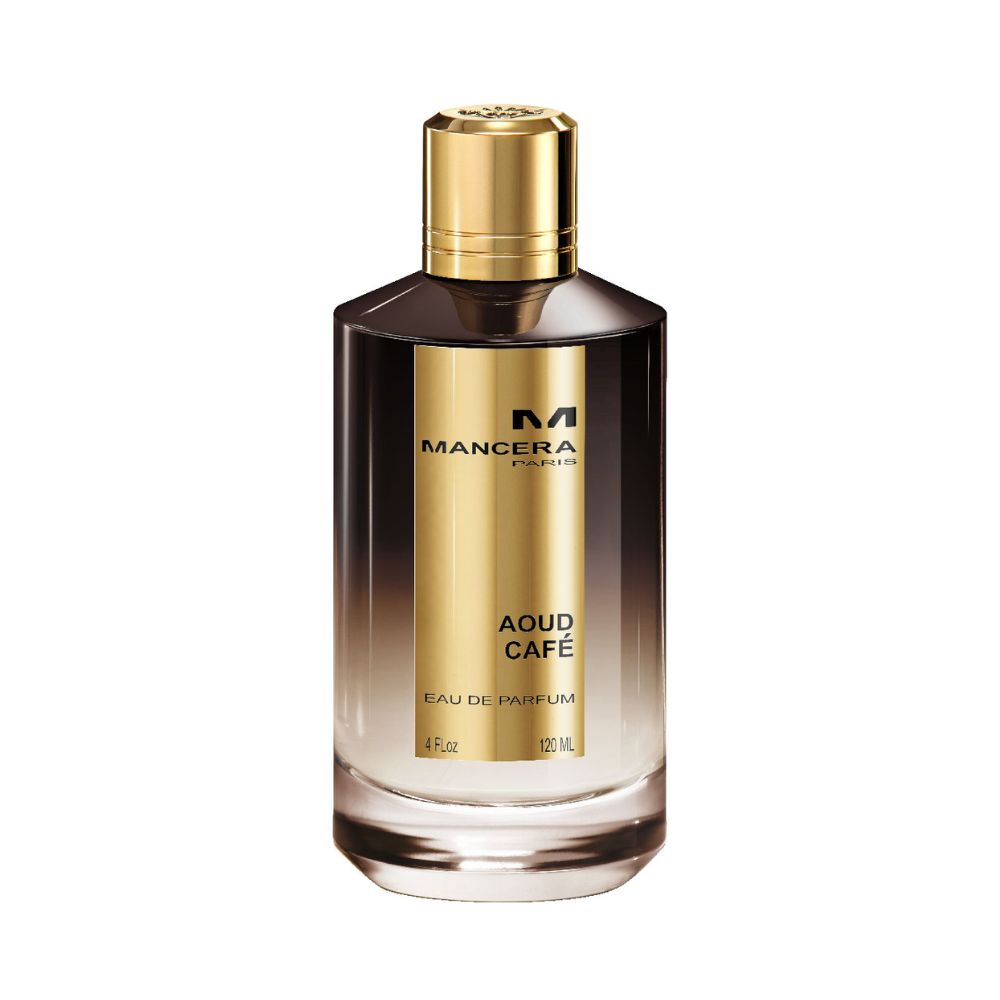 Mancera Aoud Café Eau de Parfum – a luxurious unisex scent blending oud, coffee, and floral notes, housed in an elegant gold and brown 120ml bottle.