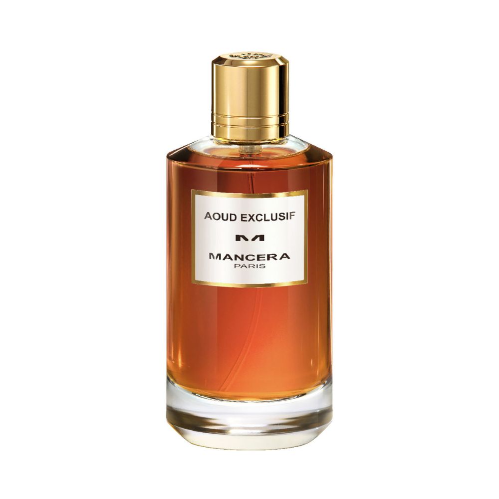 Mancera Aoud Exclusif Eau de Parfum – opulent oriental woody fragrance fusing oud, rose, saffron, and patchouli, presented in a 120ml amber glass bottle with a gold cap and elegant white label, reflecting timeless sophistication and luxury.