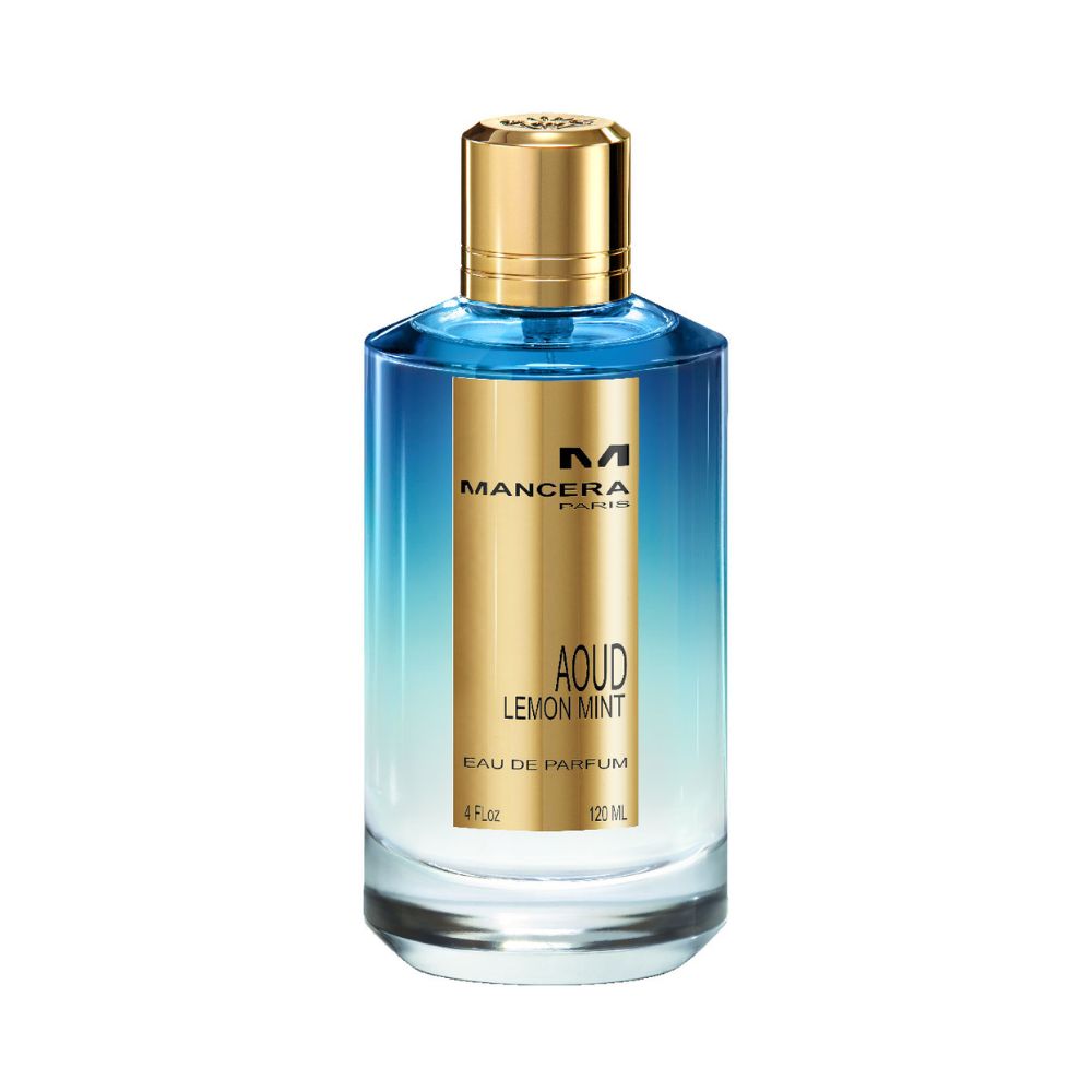 Mancera Aoud Lemon Mint Eau de Parfum – a refreshing and exotic blend of oud, citrus, and mint, presented in a 120ml gradient blue glass bottle with a gold cap, representing cool sophistication and modern luxury.