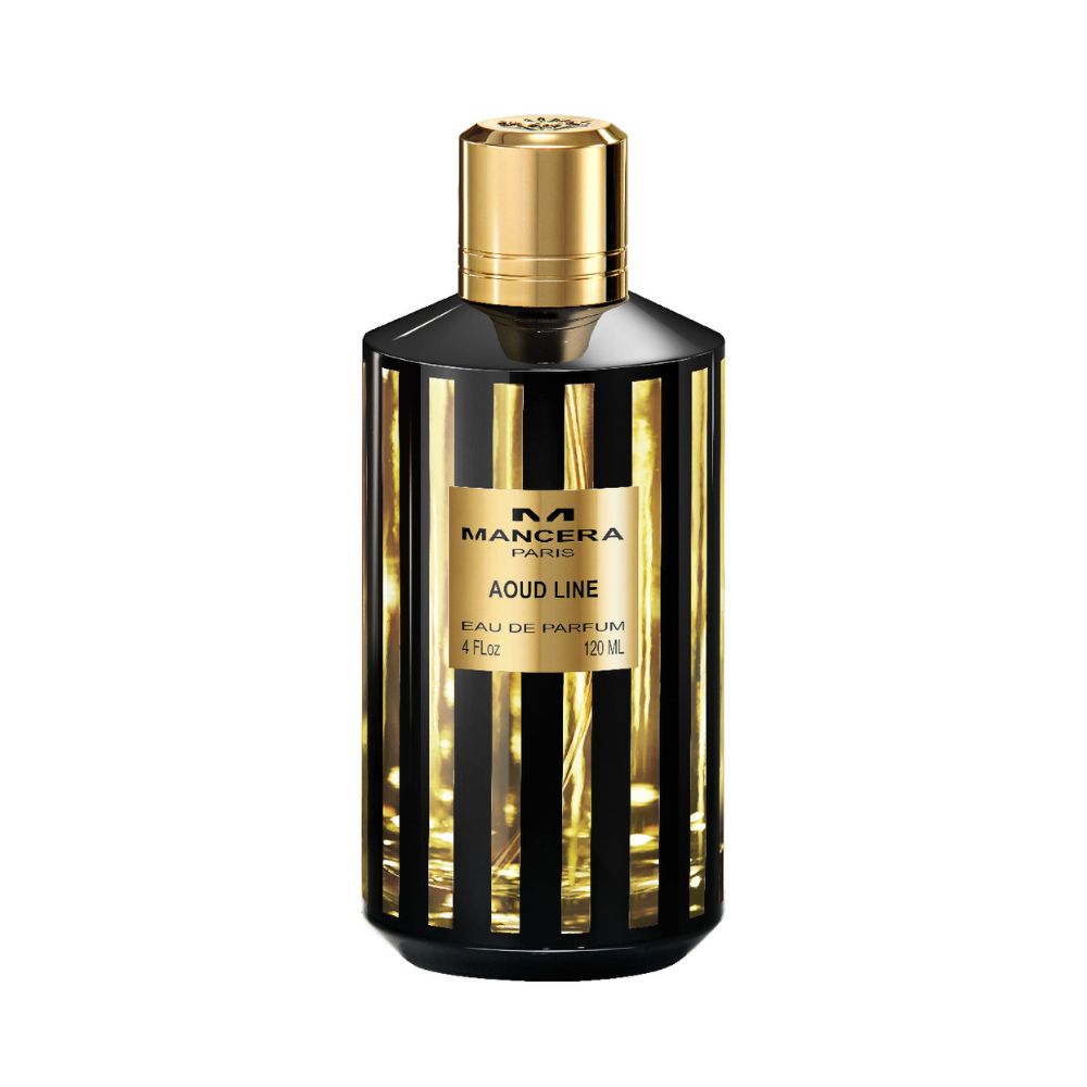 Mancera Aoud Line Eau de Parfum – a luxurious oriental fragrance blending oud, rose, and amber notes, showcased in a striking 120ml black and gold striped bottle that exudes sophistication and opulence.