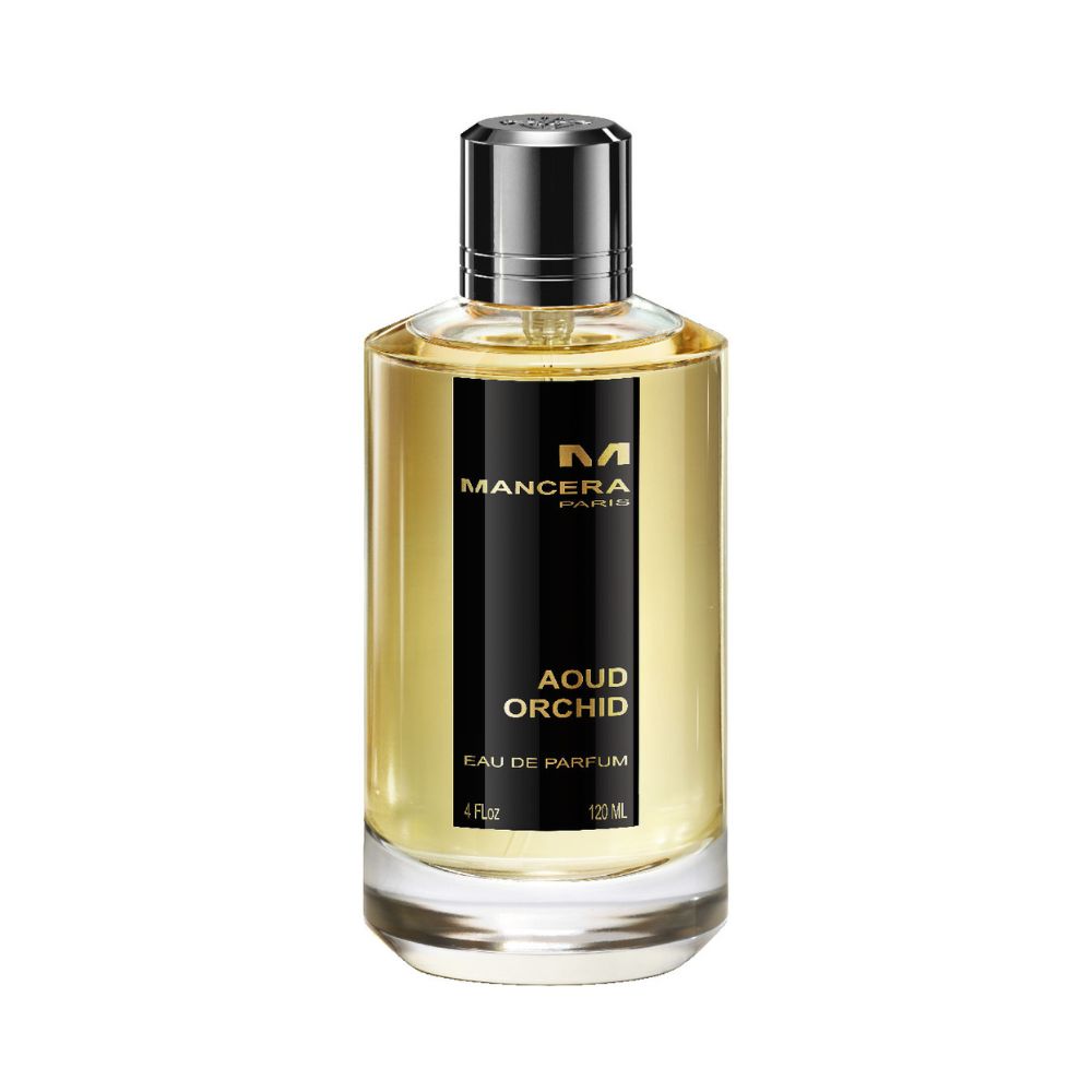 Mancera Aoud Orchid Eau de Parfum – luxurious oriental floral fragrance combining oud, orchid, and patchouli, showcased in a 120ml golden glass bottle with sleek black and gold detailing.