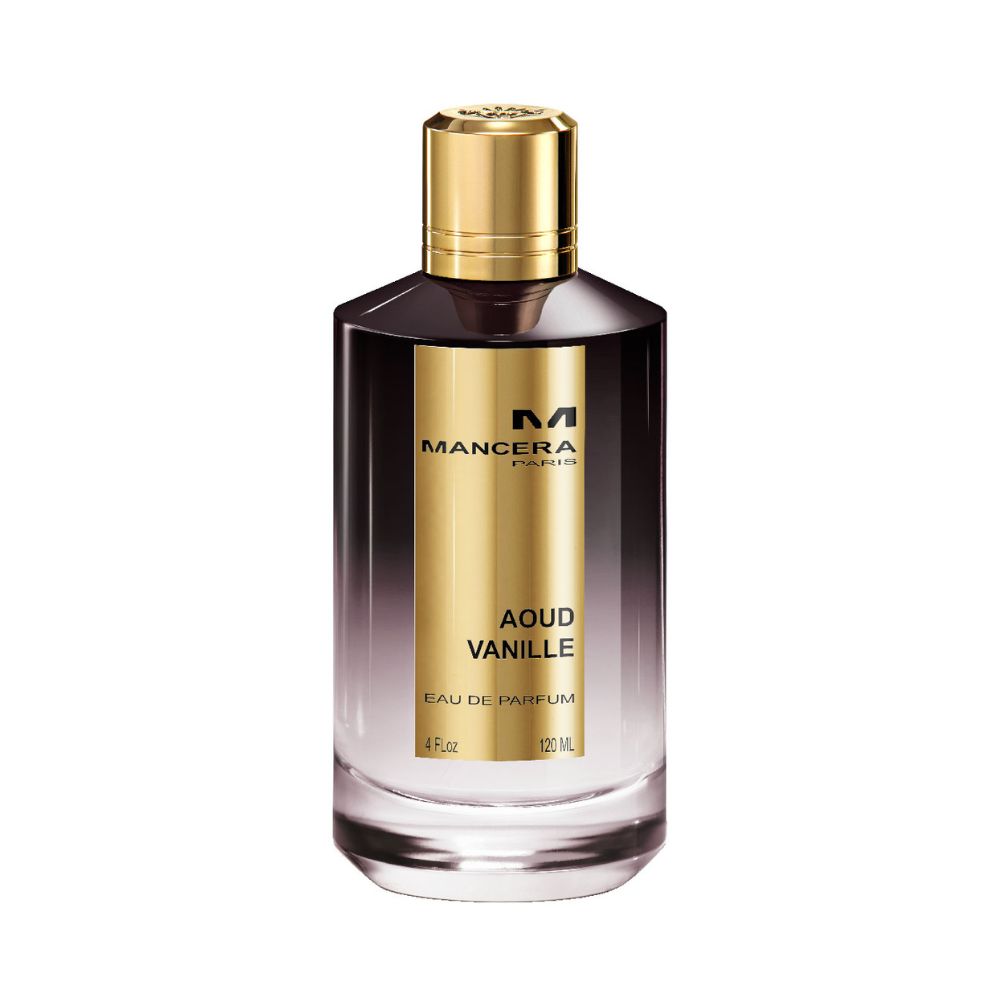 Mancera Aoud Vanille Eau de Parfum – luxurious oriental fragrance combining creamy vanilla with warm oud wood, presented in a 120ml gradient glass bottle with a gold label and cap, embodying sensuality and sophistication.