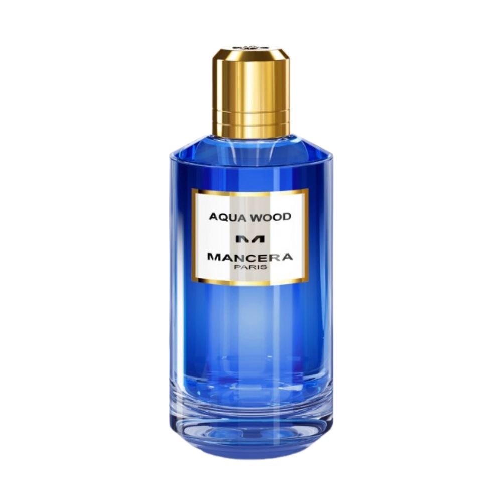Mancera Aqua Wood Eau de Parfum – refreshing aquatic and woody fragrance with citrus and amber undertones, presented in a striking 120ml blue glass bottle with a gold cap and label.