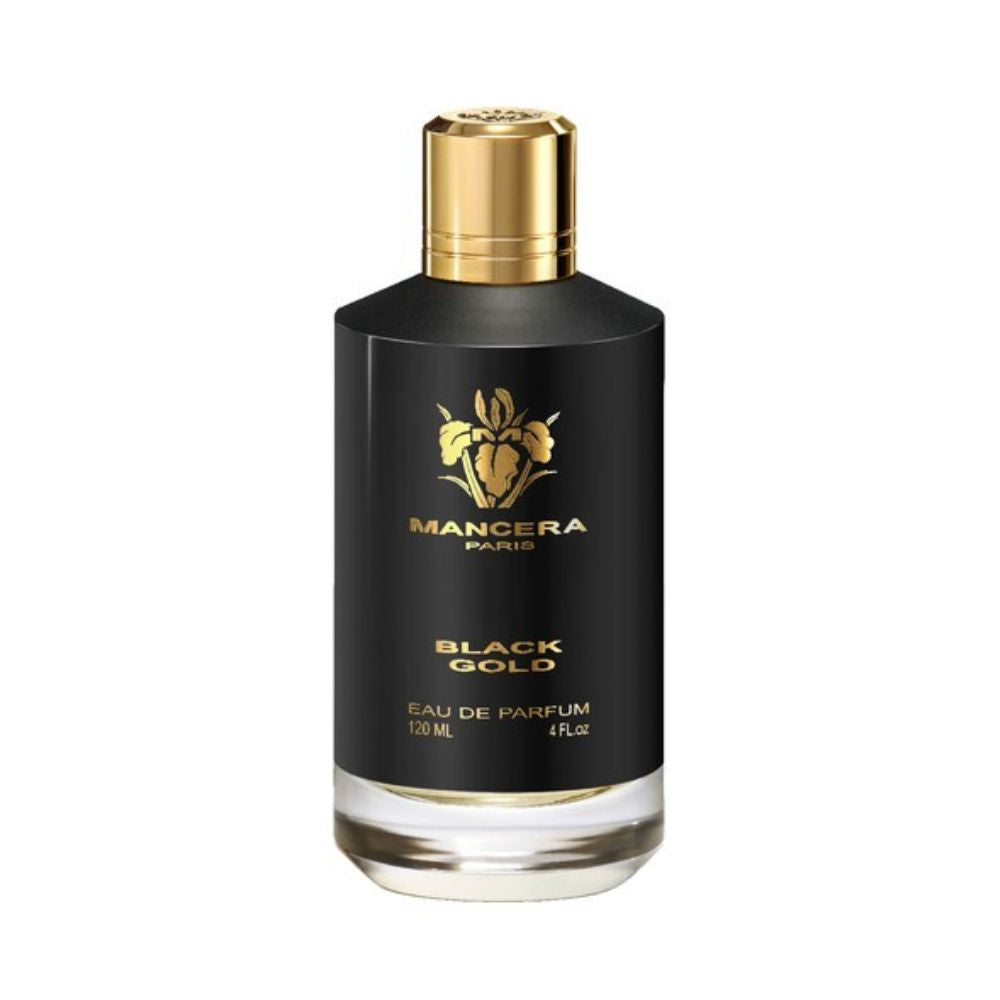 Mancera Black Gold Eau de Parfum – luxurious and masculine fragrance blending leather, lavender, and oud notes, showcased in a 120ml matte black glass bottle with elegant gold accents and a gold cap, representing sophistication and strength.