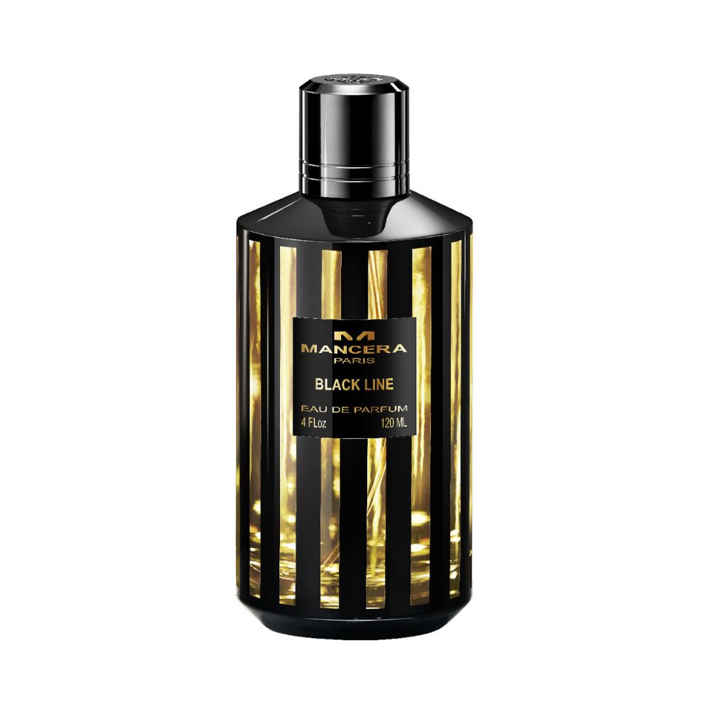 Mancera Black Line Eau de Parfum – bold oriental woody fragrance with warm notes of amber, rose, and patchouli, presented in an elegant black and gold striped 120ml bottle.