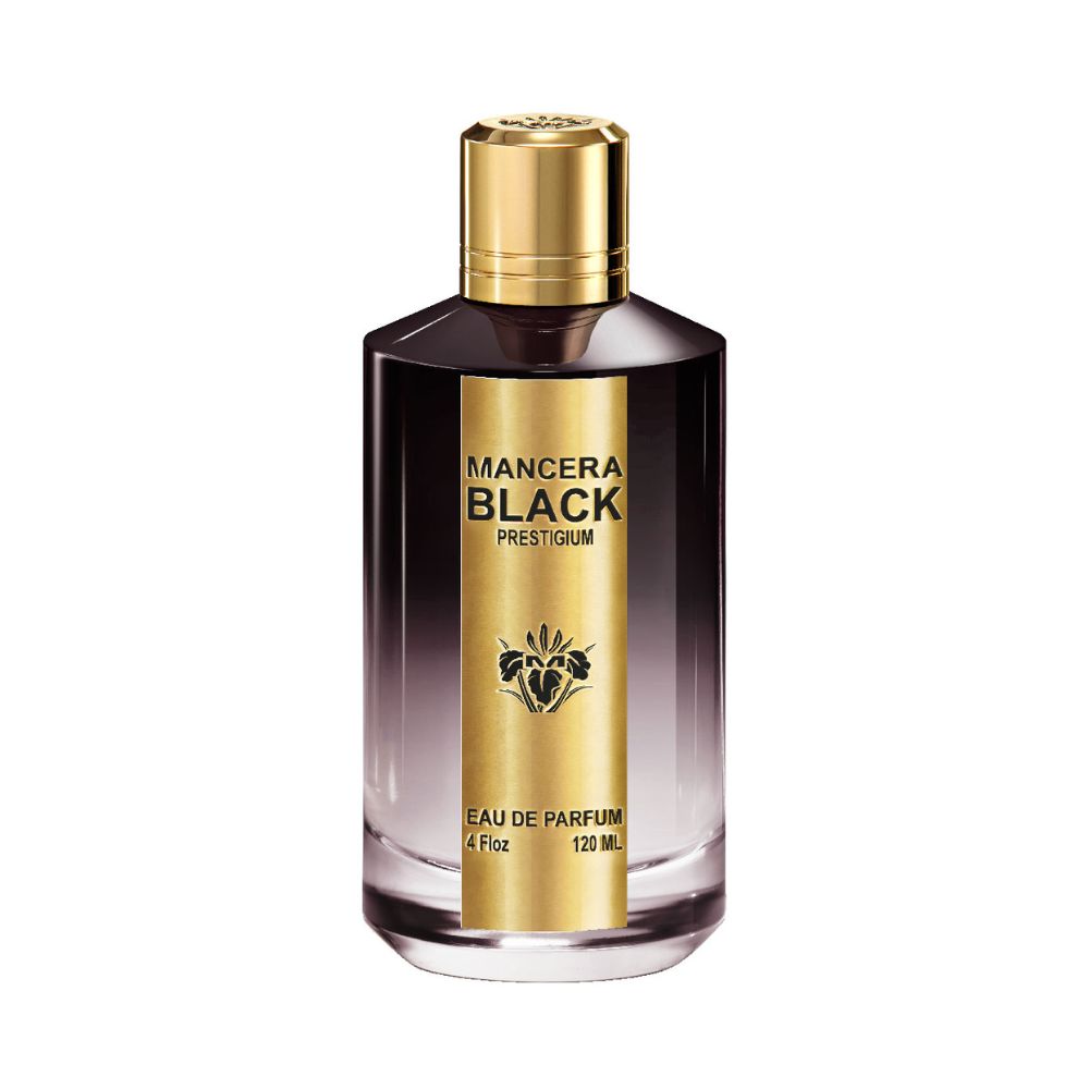 Mancera Black Prestigium Eau de Parfum – a refined unisex fragrance blending oud, patchouli, and amber notes, presented in a 120ml glass bottle with a gradient black and gold design and a polished gold cap, symbolizing power and timeless elegance.