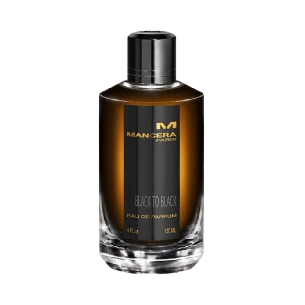 Mancera Black to Black Eau de Parfum – bold unisex fragrance blending rose, leather, oud, and amber, showcased in an elegant 120ml black and amber gradient bottle with a glossy black cap.