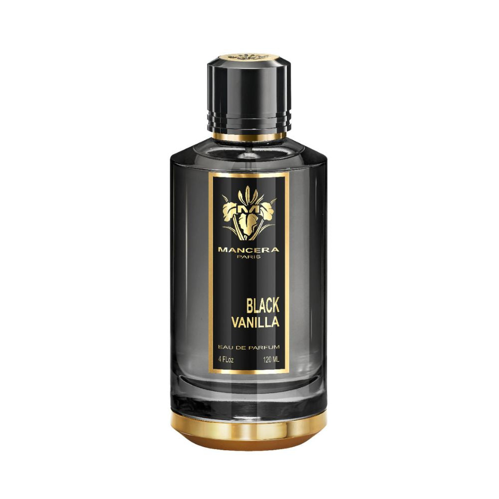 Mancera Black Vanilla Eau de Parfum – an elegant and creamy vanilla fragrance with floral and musky accords, showcased in a 120ml black and gold bottle that exudes sophistication and timeless luxury.