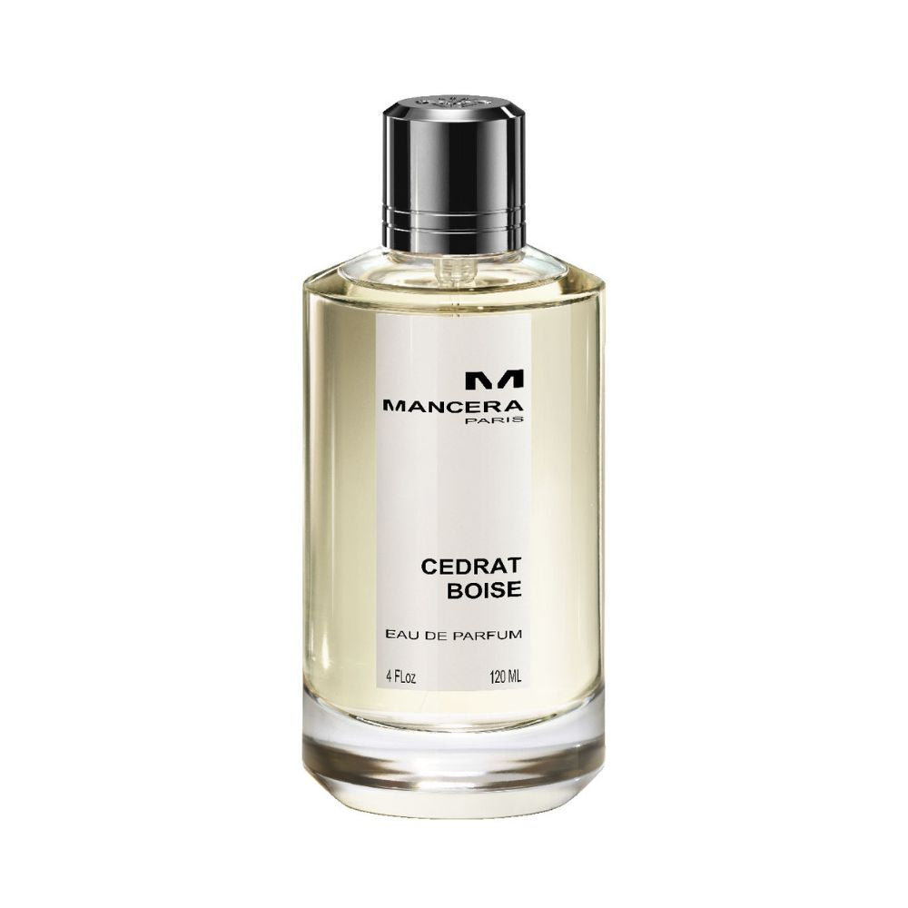 Mancera Cedrat Boise Eau de Parfum – modern fruity woody fragrance combining citrus, leather, and musk, showcased in a 120ml transparent glass bottle with a sleek silver cap and minimalist label design for an elegant, timeless appeal.