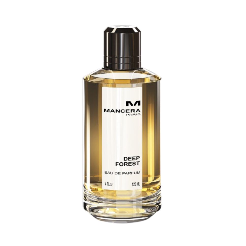 Mancera Deep Forest Eau de Parfum – earthy and woody fragrance blending green notes, vetiver, and cedarwood, housed in a 120ml transparent glass bottle with a sleek black cap and minimalist white label, evoking the freshness and mystery of the forest.