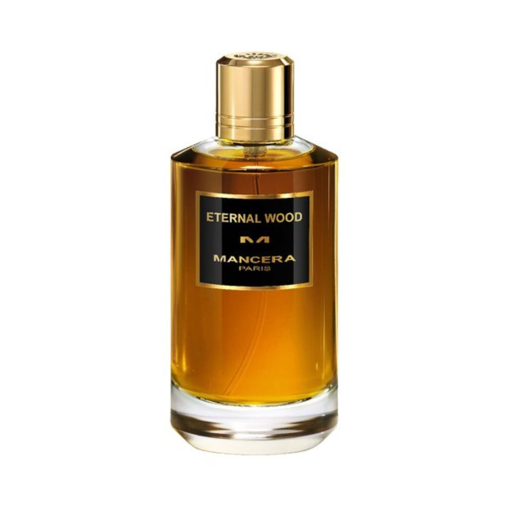 Mancera Eternal Wood Eau de Parfum – rich woody oriental fragrance with warm notes of amber, oud, and sandalwood, showcased in a golden 120ml bottle with an elegant gold cap.