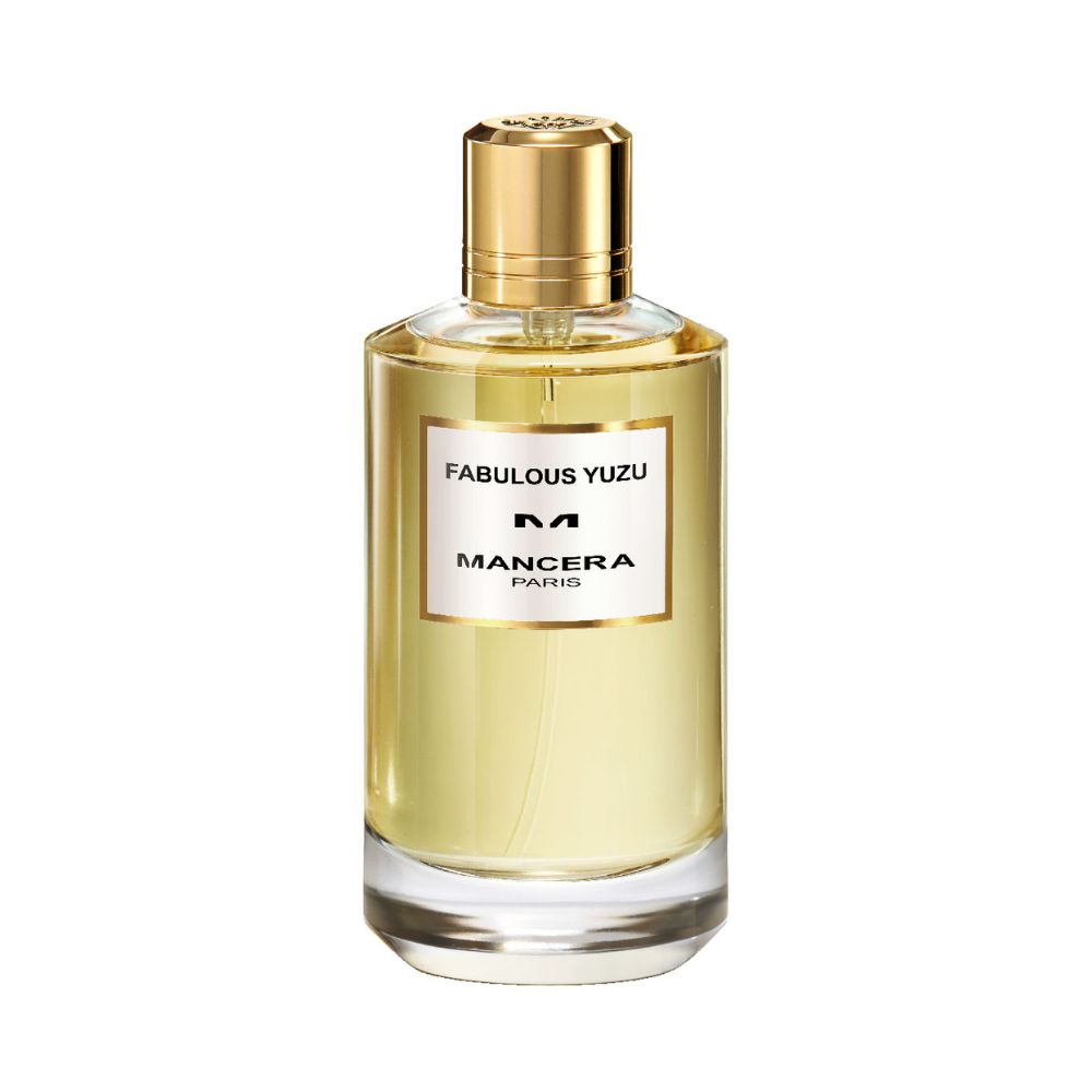 Mancera Fabulous Yuzu Eau de Parfum – fresh citrus fragrance featuring Japanese yuzu, lemon, and white musk, presented in a sleek 120ml golden bottle with a polished gold cap.