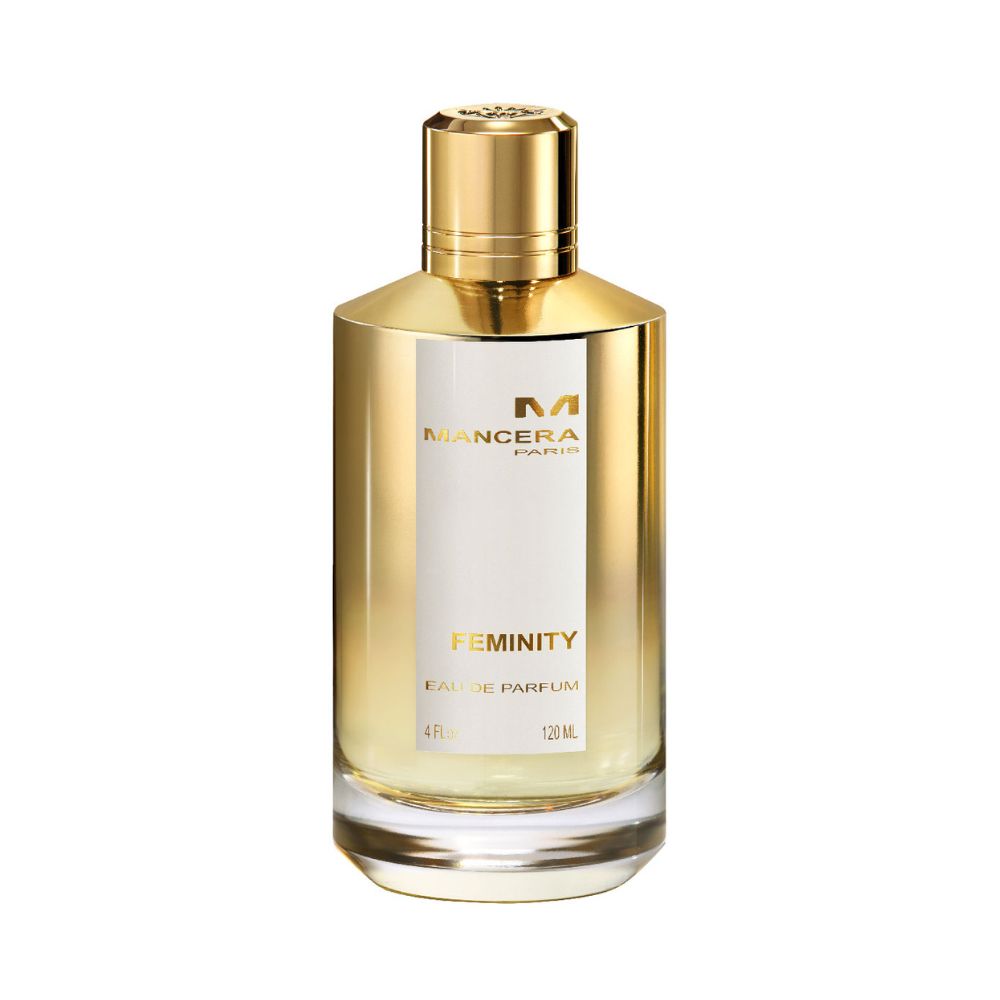 Mancera Feminity Eau de Parfum – a luxurious fragrance celebrating elegance and sensuality with floral, amber, and musky notes, housed in a 120ml radiant gold bottle that embodies timeless feminine sophistication.