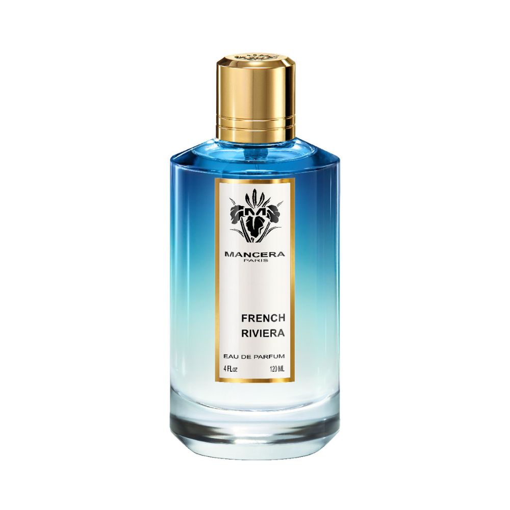 Mancera French Riviera Eau de Parfum – a refreshing unisex fragrance capturing Mediterranean breezes with citrus, white flowers, and marine notes in a blue 120ml bottle.